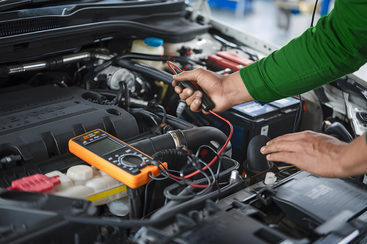 Ein Mitarbeiter führt im Motorraum eine Fahrzeugdiagnose durch