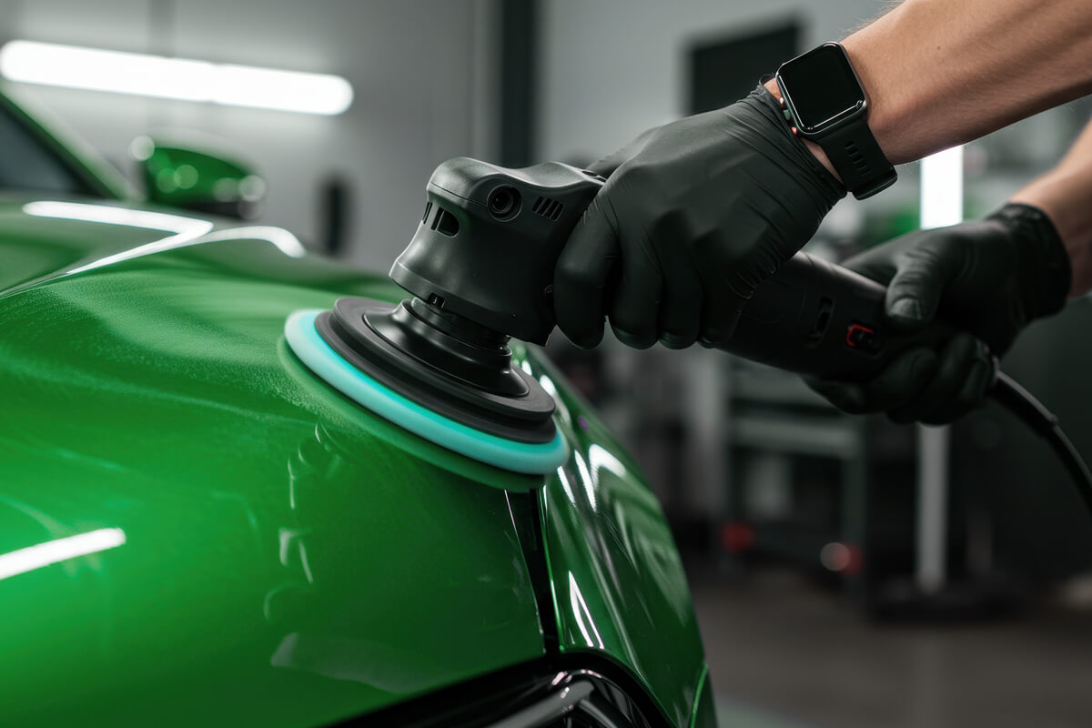 Ein Mitarbeiter poliert die Karosserie des Autos