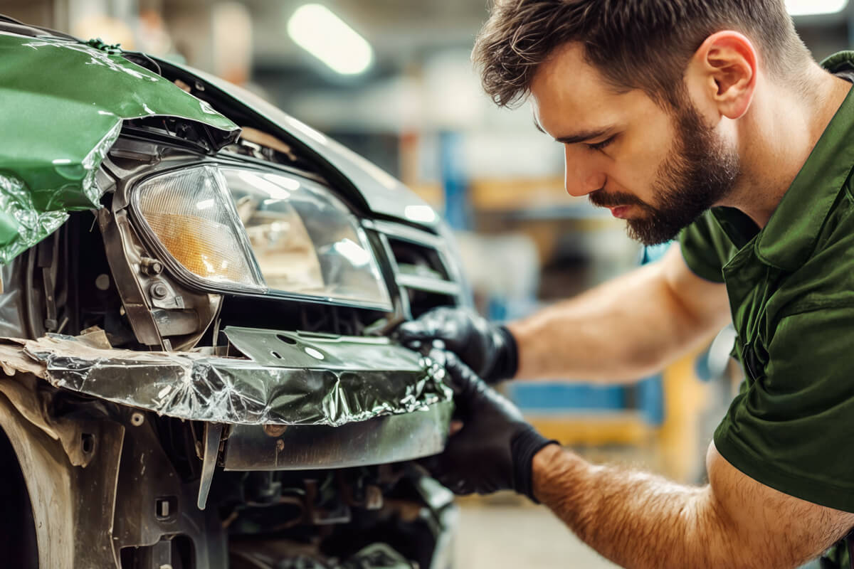 Ein Mitarbeiter repariert die Front des Autos